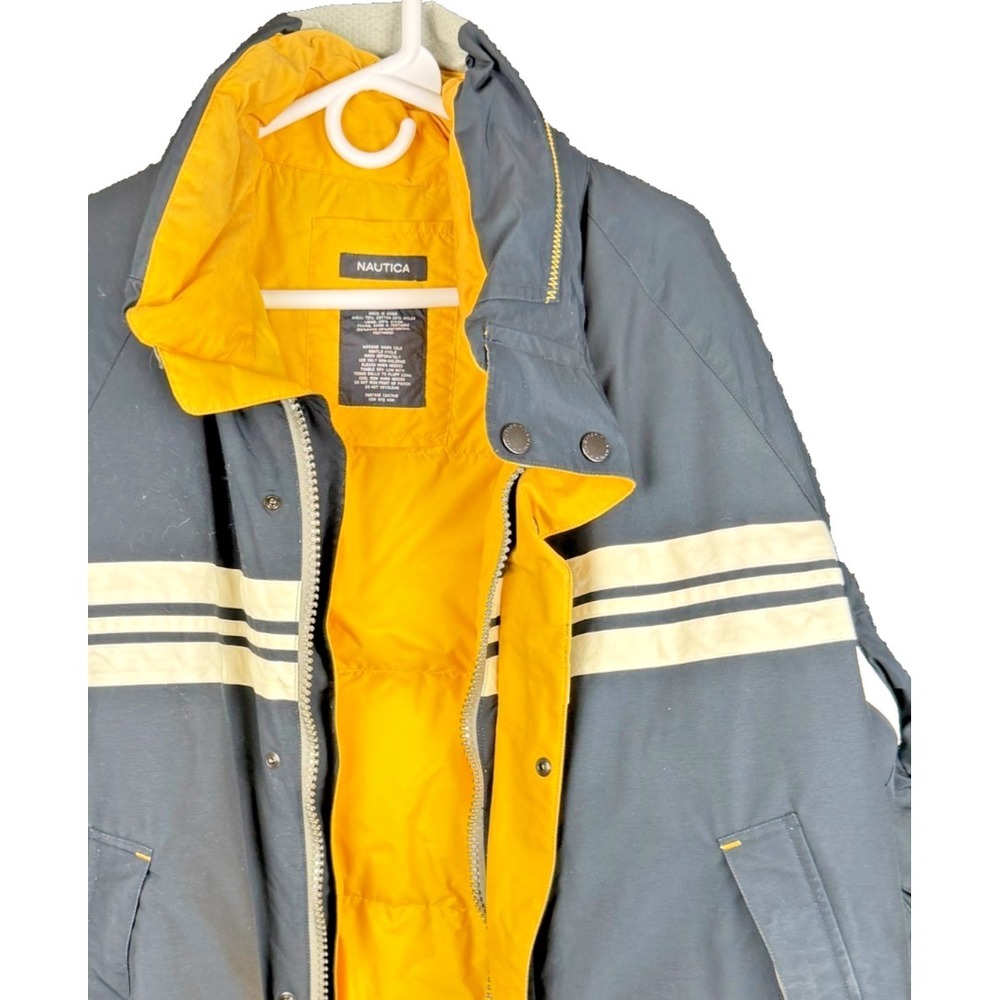 Nautica Mens Down Filled Puffer Jacket Hooded Parka Coat Navy Blue Yellow Stripe